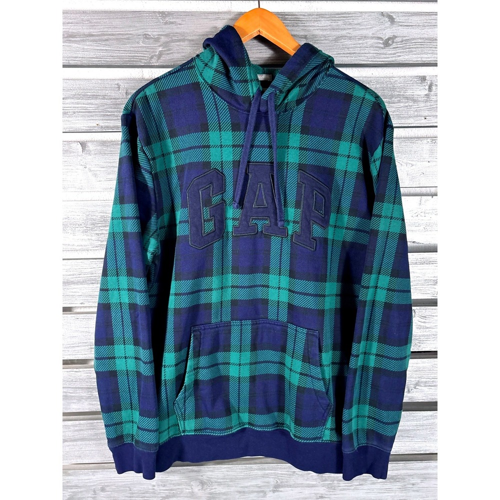 Gap Mens Madras Plaid Hoodie Navy Blue Green Logo Sweatshirt Large